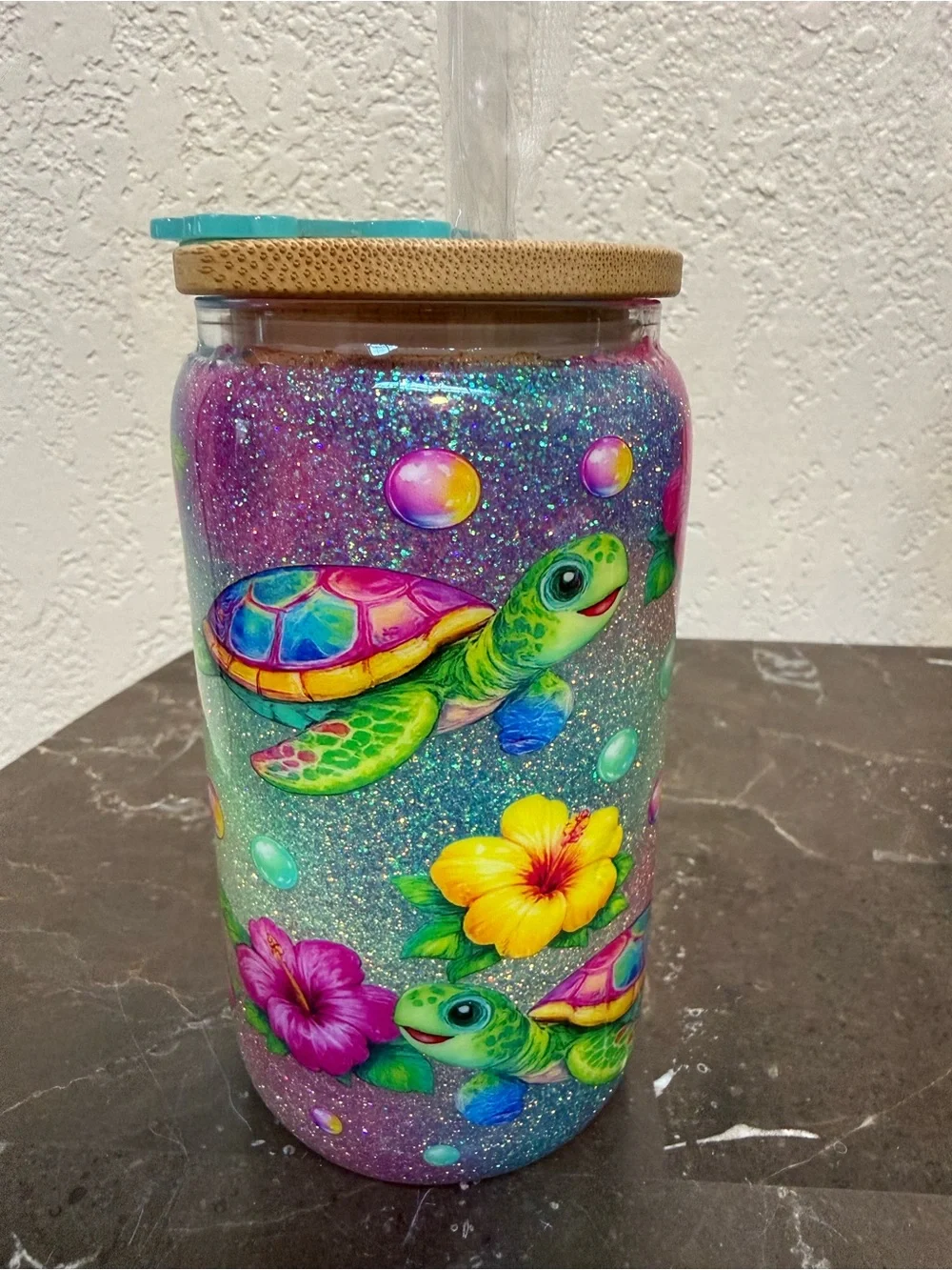 Sparkling Sea Turtles in Colorful Waters 12 oz Wine Glass Tumbler Cup with Lid
